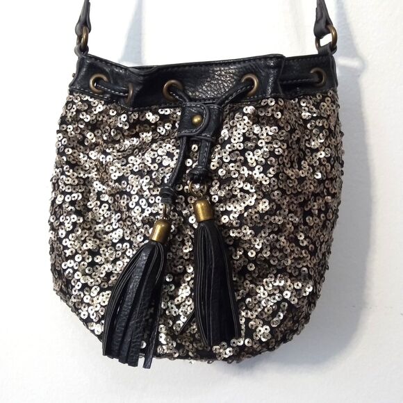 Nine West Vintage America Black & Silver Boho Small Bucket Handbag Purse - Picture 1 of 5